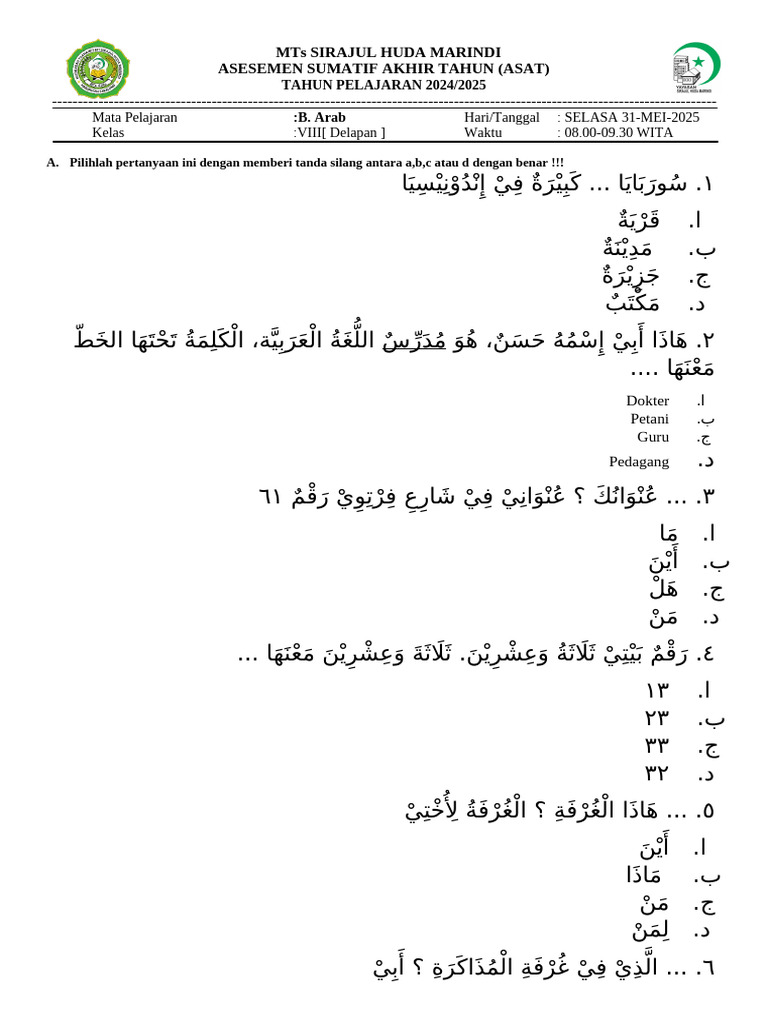 Bocoran Soal Bahasa Arab Kelas 7 Semester 2 Paling Sering Keluar di Ujian Tahun 2026